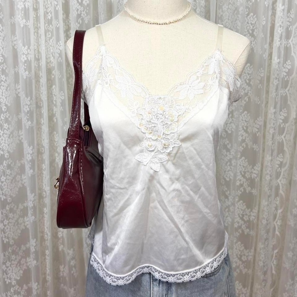 Vintage Y2K White Lace‎ Cami Top Pearl Beading Embroidery S/M Lingerie Fairy